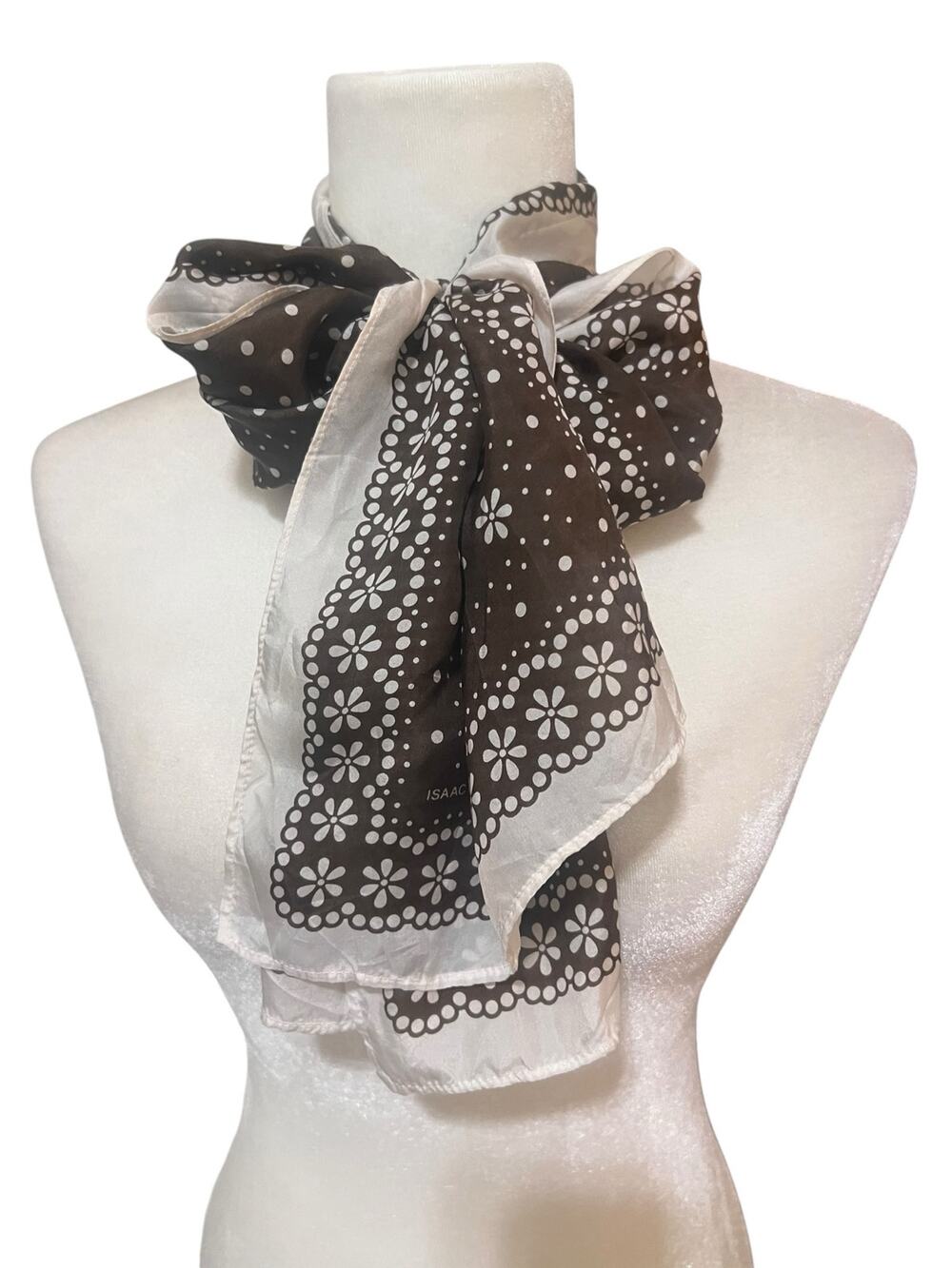 Issac Mizrahi Long Brown Cream Floral Preppy Polka Dot Designer Luxe Silk Scarf